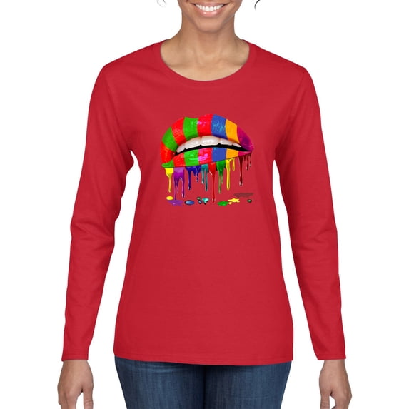 Wild Bobby, Colorful Painted Lip, Streetwear, Women Graphic Long Sleeve Tee, Red, Medium