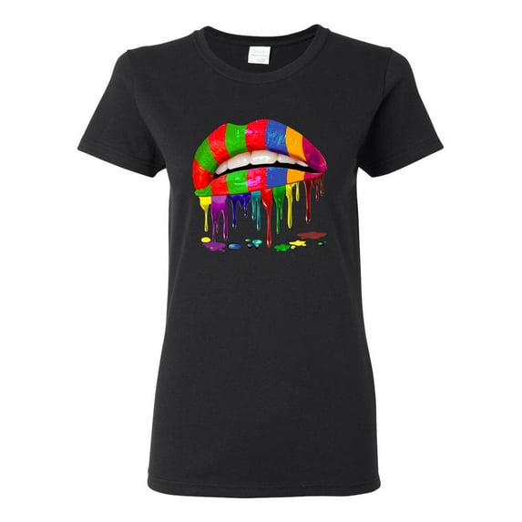 Wild Bobby, Colorful Painted Lip, Streetwear, Women Graphic Tee, Black, Small