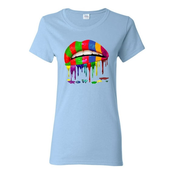 Wild Bobby, Colorful Painted Lip, Streetwear, Women Graphic Tee, Light Blue, Large