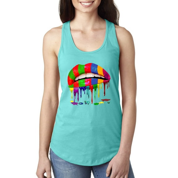 Wild Bobby, Colorful Painted Lip, Streetwear, Women Racerback Tank Top, Tahiti Blue, Medium