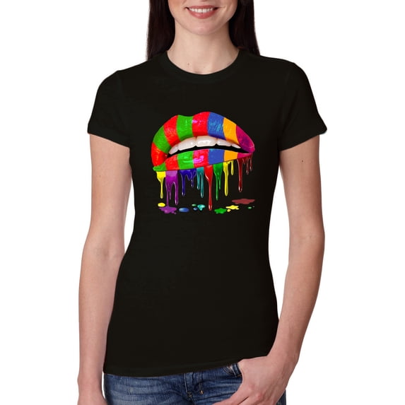 Wild Bobby, Colorful Painted Lip, Streetwear, Women Slim Fit Junior Tee, Black, XX-Large