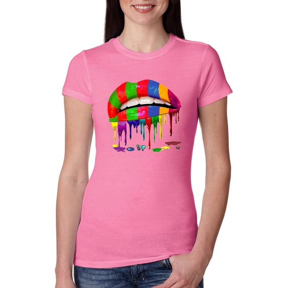 Wild Bobby, Colorful Painted Lip, Streetwear, Women Slim Fit Junior Tee, Hot Pink, Small
