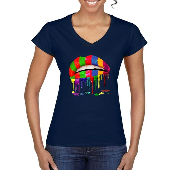 Wild Bobby, Colorful Painted Lip, Streetwear, Women Standard V-Neck Tee, Navy, Small