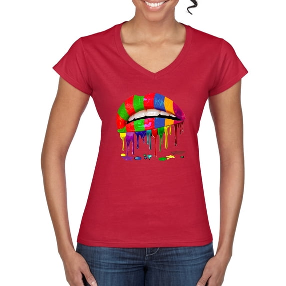 Wild Bobby, Colorful Painted Lip, Streetwear, Women Standard V-Neck Tee, Red, X-Large