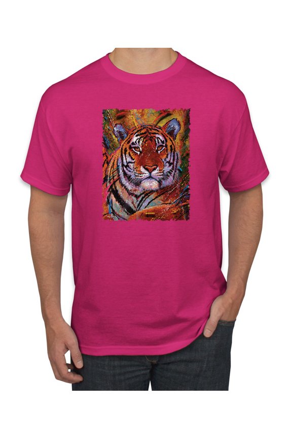 , Colorful Painted Tiger, Animal Lover, Men Graphic Tees, Fuschia, Small