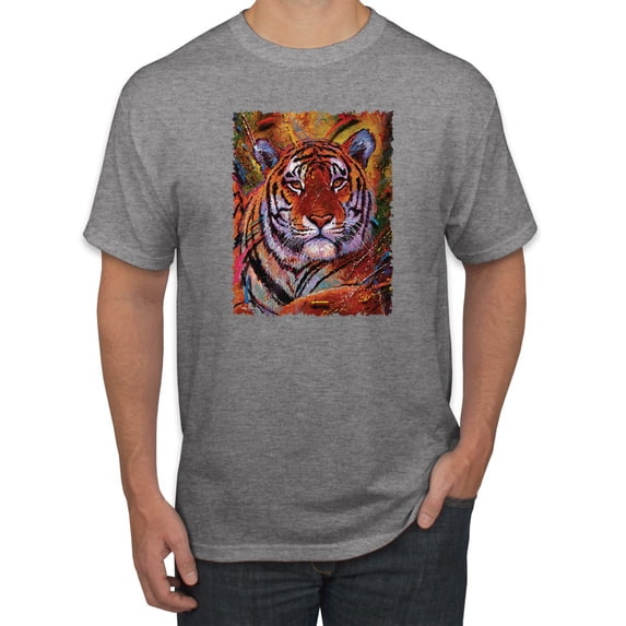 Wild Bobby, Colorful Painted Tiger, Animal Lover, Men Graphic Tees, Heather Grey, Large