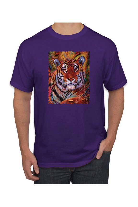 , Colorful Painted Tiger, Animal Lover, Men Graphic Tees, Purple, Medium