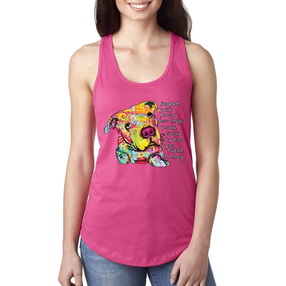 Wild Bobby, Colorful Pitbul | People Will Know How Large Your Soul | Dean Russo Art Animal Lover Ladies Racerback Tank Top, Raspberry, Small