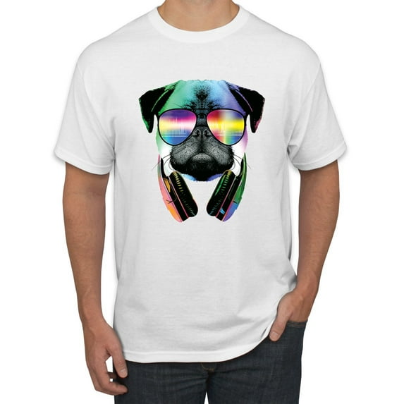 Wild Bobby, Colorful Pug DJ, Pop Culture, Men Graphic Tee, White, Medium