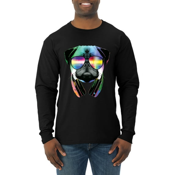Wild Bobby, Colorful Pug DJ, Pop Culture, Men Long Sleeve Shirt, Black, Small