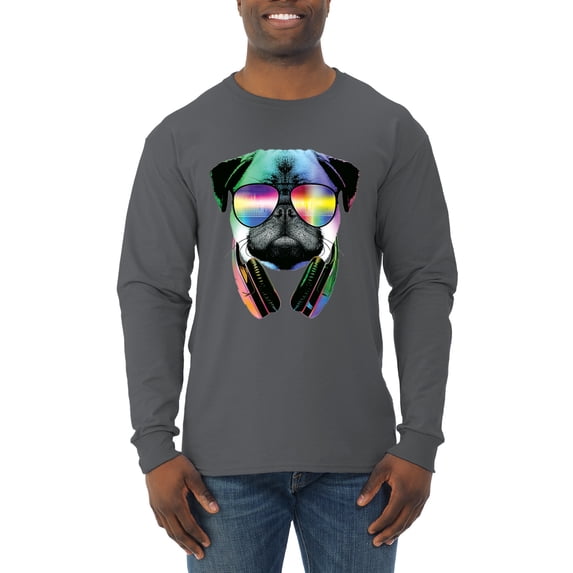 Wild Bobby, Colorful Pug DJ, Pop Culture, Men Long Sleeve Shirt, Charcoal, 3X-Large
