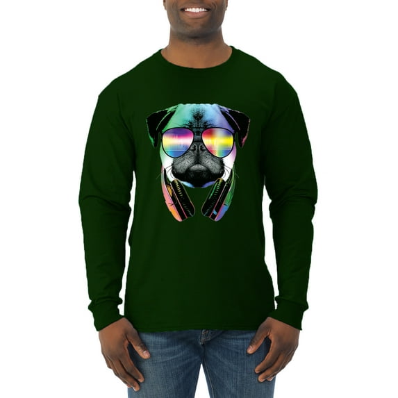 Wild Bobby, Colorful Pug DJ, Pop Culture, Men Long Sleeve Shirt, Forest Green, Small