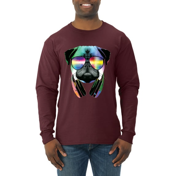 Wild Bobby, Colorful Pug DJ, Pop Culture, Men Long Sleeve Shirt, Maroon, Small