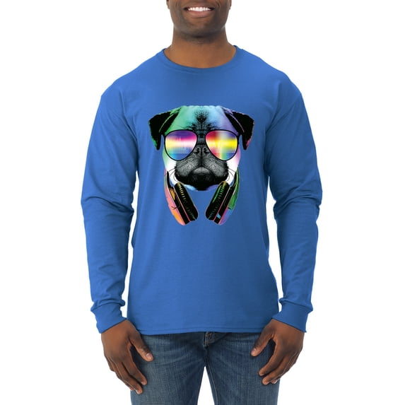 Wild Bobby, Colorful Pug DJ, Pop Culture, Men Long Sleeve Shirt, Royal, Small