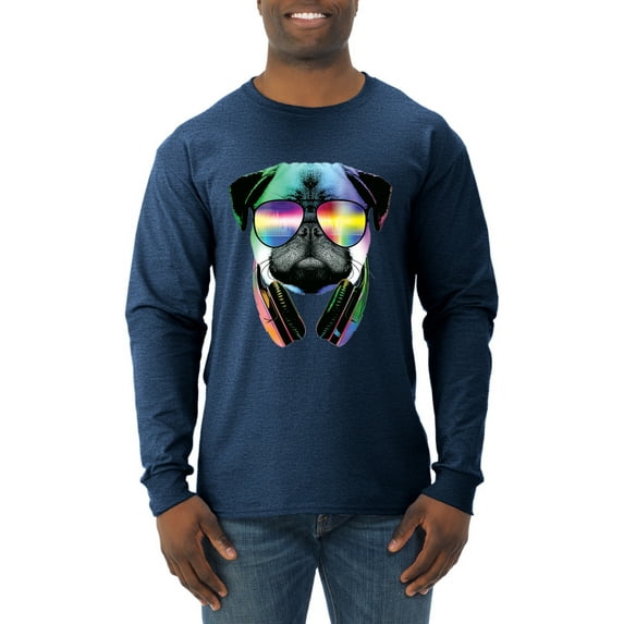 Wild Bobby, Colorful Pug DJ, Pop Culture, Men Long Sleeve Shirt, Vintage Heather Navy, Large