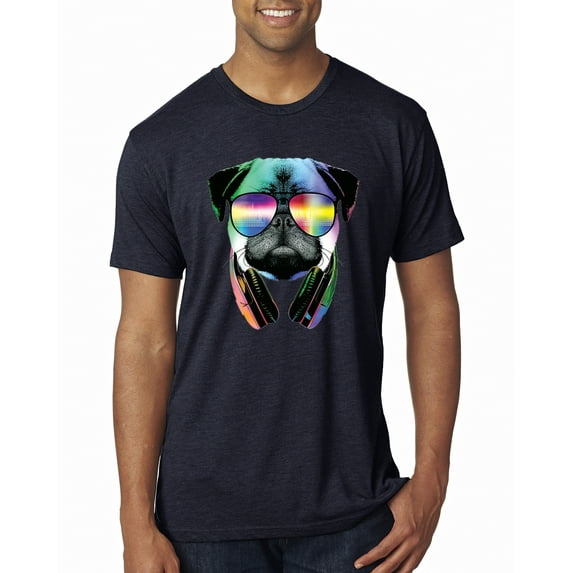 Wild Bobby, Colorful Pug DJ, Pop Culture, Men Premium Tri Blend Tee, Vintage Navy, Medium