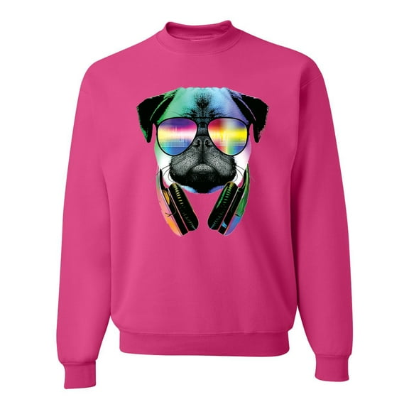 Wild Bobby, Colorful Pug DJ, Pop Culture, Unisex Crewneck Graphic Sweatshirt, Fuschia, Small