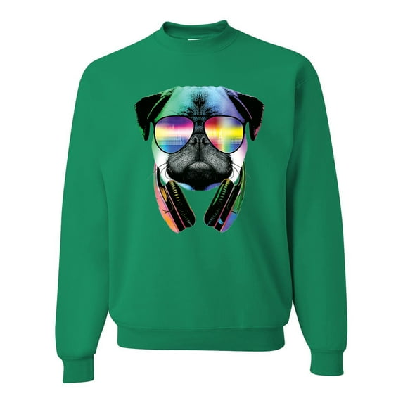 Wild Bobby, Colorful Pug DJ, Pop Culture, Unisex Crewneck Graphic Sweatshirt, Kelly, Large