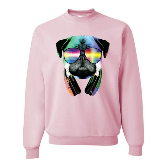 Wild Bobby, Colorful Pug DJ, Pop Culture, Unisex Crewneck Graphic Sweatshirt, Light Pink, Medium