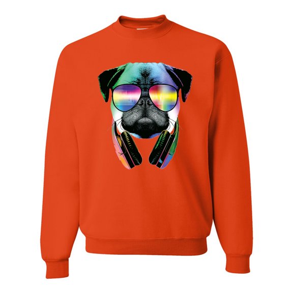 Wild Bobby, Colorful Pug DJ, Pop Culture, Unisex Crewneck Graphic Sweatshirt, Orange, 3X-Large