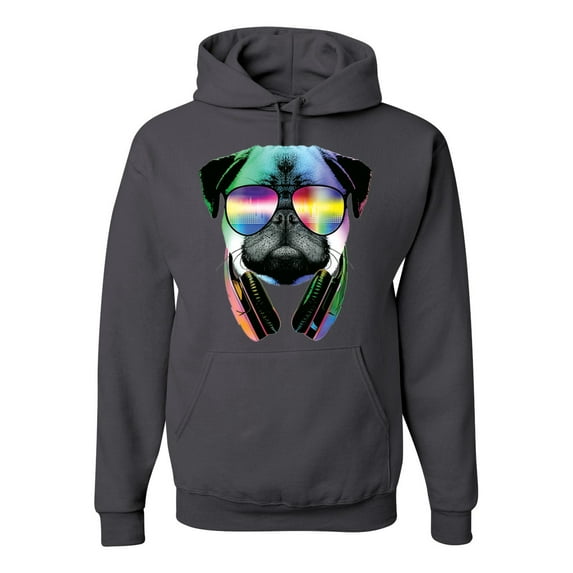Wild Bobby, Colorful Pug DJ, Pop Culture, Unisex Graphic Hoodie Sweatshirt, Charcoal, X-Large