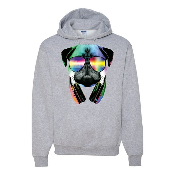 Wild Bobby, Colorful Pug DJ, Pop Culture, Unisex Graphic Hoodie Sweatshirt, Heather Grey, XX-Large