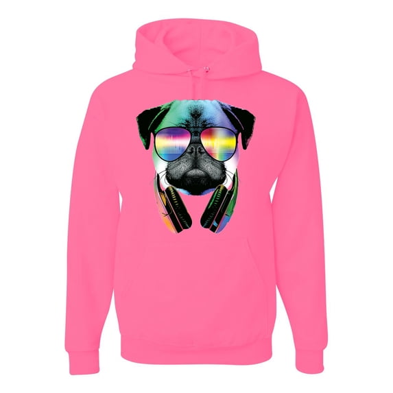 Wild Bobby, Colorful Pug DJ, Pop Culture, Unisex Graphic Hoodie Sweatshirt, Neon Pink, X-Large