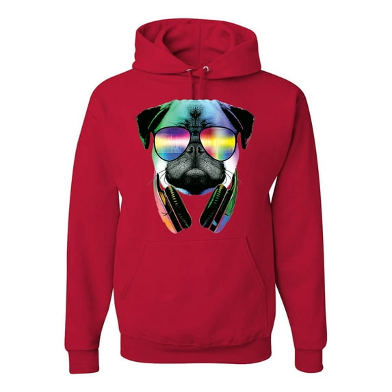 Wild Bobby, Colorful Pug DJ, Pop Culture, Unisex Graphic Hoodie Sweatshirt, Red, Small