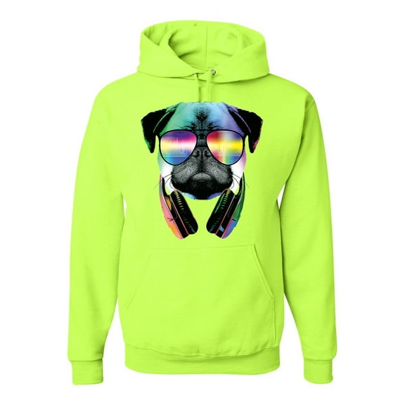Wild Bobby, Colorful Pug DJ, Pop Culture, Unisex Graphic Hoodie Sweatshirt, Safety Green, Medium
