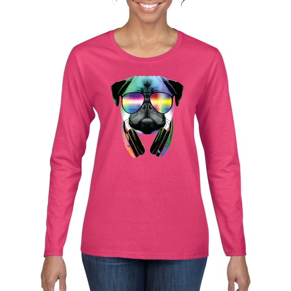 Wild Bobby, Colorful Pug DJ, Pop Culture, Women Graphic Long Sleeve Tee, Fuschia, X-Large