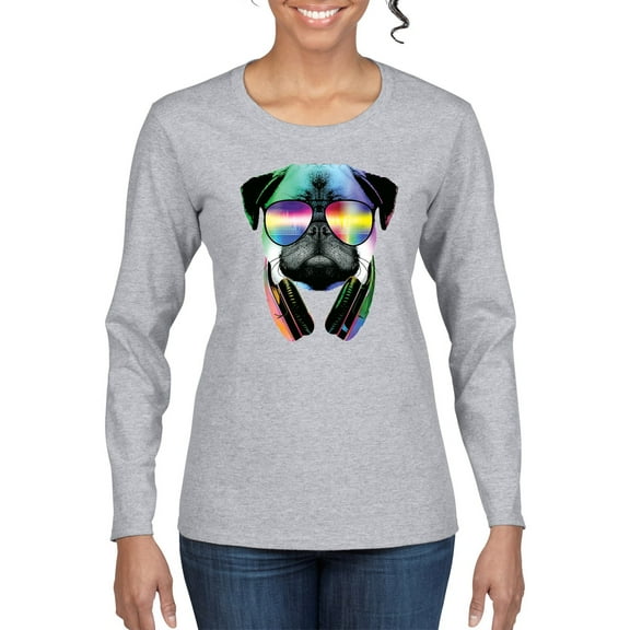 Wild Bobby, Colorful Pug DJ, Pop Culture, Women Graphic Long Sleeve Tee, Heather Grey, X-Large