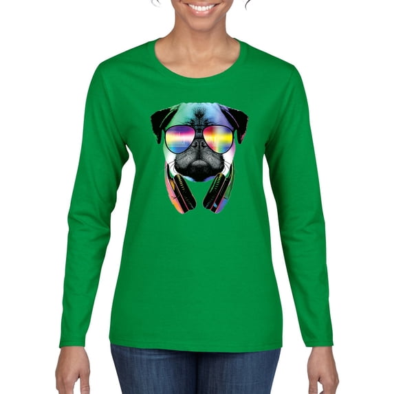 Wild Bobby, Colorful Pug DJ, Pop Culture, Women Graphic Long Sleeve Tee, Kelly, Large