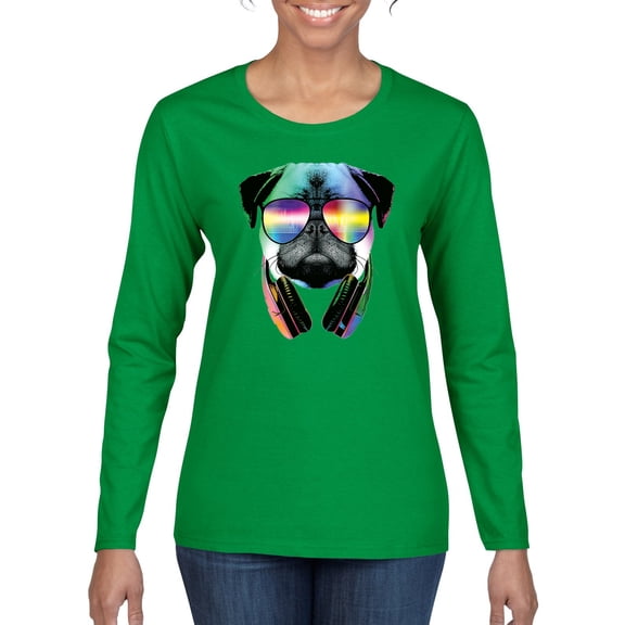 Wild Bobby, Colorful Pug DJ, Pop Culture, Women Graphic Long Sleeve Tee, Kelly, X-Large