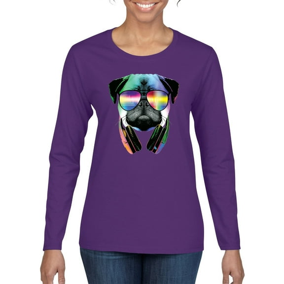 Wild Bobby, Colorful Pug DJ, Pop Culture, Women Graphic Long Sleeve Tee, Purple, Large