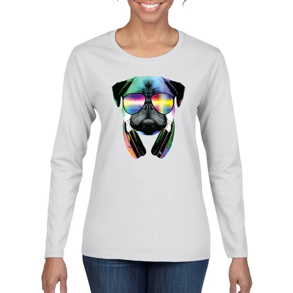Wild Bobby, Colorful Pug DJ, Pop Culture, Women Graphic Long Sleeve Tee, White, X-Large