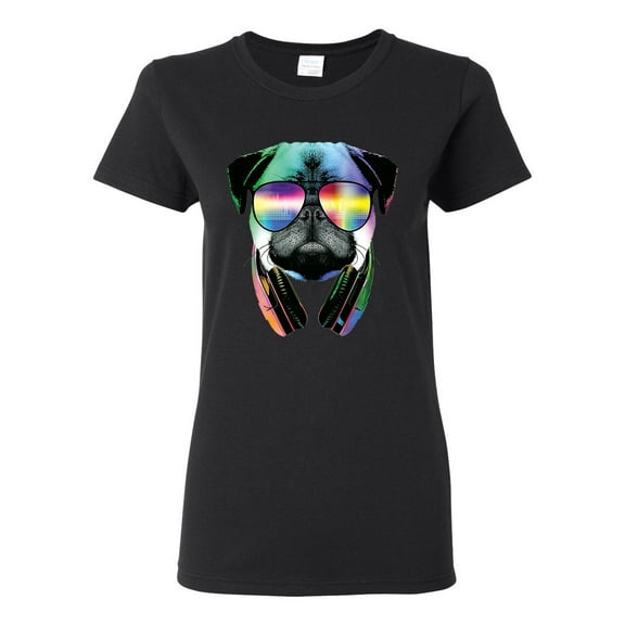 Wild Bobby, Colorful Pug DJ, Pop Culture, Women Graphic Tee, Black, Small