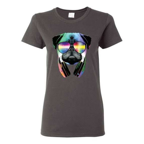 Wild Bobby, Colorful Pug DJ, Pop Culture, Women Graphic Tee, Charcoal, Medium