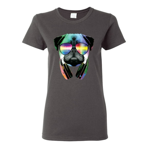 Wild Bobby, Colorful Pug DJ, Pop Culture, Women Graphic Tee, Charcoal, XX-Large