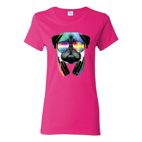 Wild Bobby, Colorful Pug DJ, Pop Culture, Women Graphic Tee, Fuschia, XX-Large