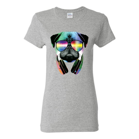 Wild Bobby, Colorful Pug DJ, Pop Culture, Women Graphic Tee, Heather Grey, Large