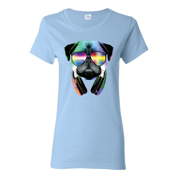 Wild Bobby, Colorful Pug DJ, Pop Culture, Women Graphic Tee, Light Blue, 3X-Large