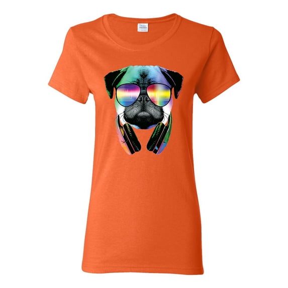 Wild Bobby, Colorful Pug DJ, Pop Culture, Women Graphic Tee, Orange, Small