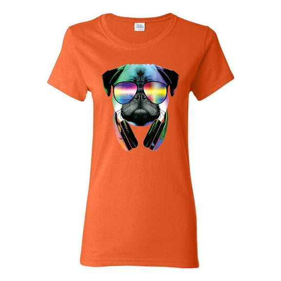Wild Bobby, Colorful Pug DJ, Pop Culture, Women Graphic Tee, Orange, Small