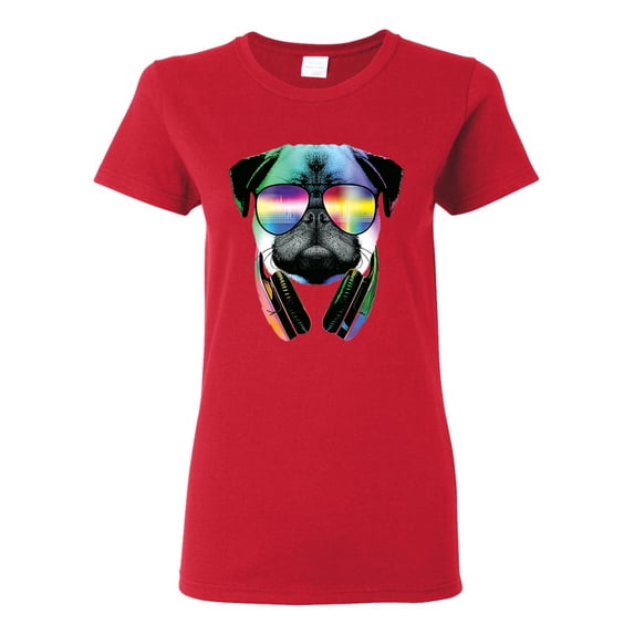 Wild Bobby, Colorful Pug DJ, Pop Culture, Women Graphic Tee, Red, X-Large
