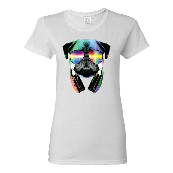 Wild Bobby, Colorful Pug DJ, Pop Culture, Women Graphic Tee, White, X-Large