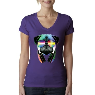 Wild Bobby, Colorful Pug DJ, Pop Culture, Women Junior Fit V-Neck Tee, Purple Rush, Large
