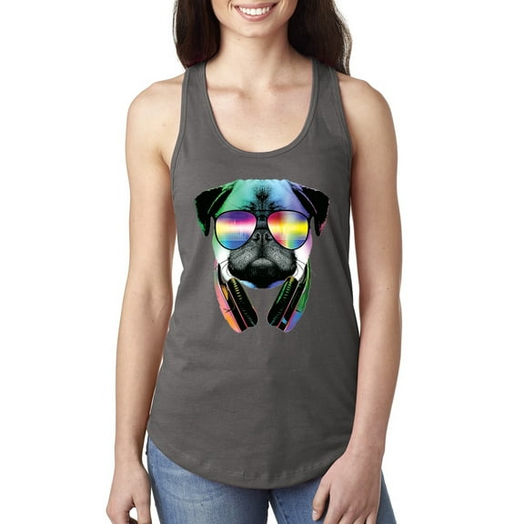 Wild Bobby, Colorful Pug DJ, Pop Culture, Women Racerback Tank Top, Dark Grey, Medium