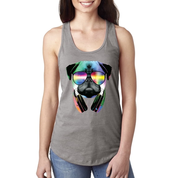 Wild Bobby, Colorful Pug DJ, Pop Culture, Women Racerback Tank Top, Heather Grey, Large