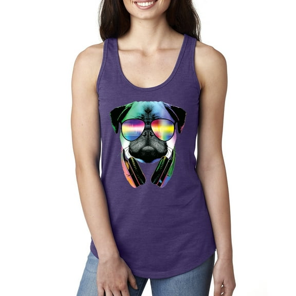 Wild Bobby, Colorful Pug DJ, Pop Culture, Women Racerback Tank Top, Purple Rush, Large