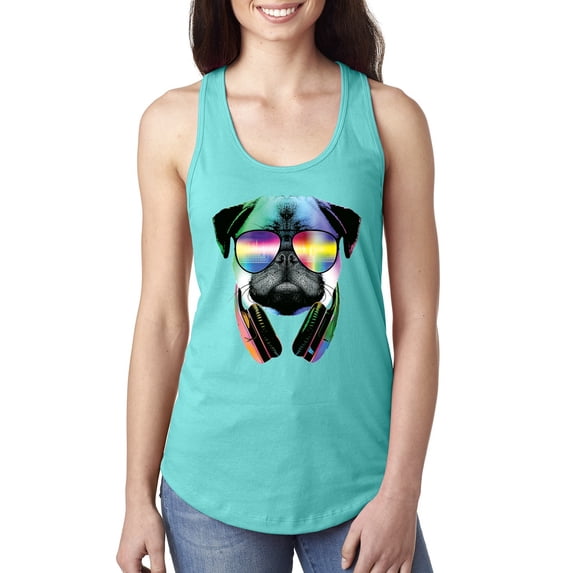 Wild Bobby, Colorful Pug DJ, Pop Culture, Women Racerback Tank Top, Tahiti Blue, Large